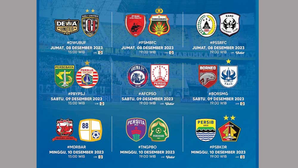 Jadwal Liga 1 Pekan 22 Dimulai Jumat 8 Desember 2023 ini, Saling Jegal di Papan Atas Klasemen